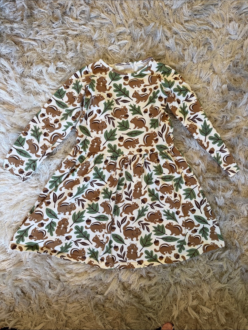 Kids Long Sleeve Squirrel Print Dress - Brown & Green